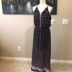 Daniel Rainn Navy Blue Floral Lace Boho Halter Maxi Dress with Tasseled Tie-L